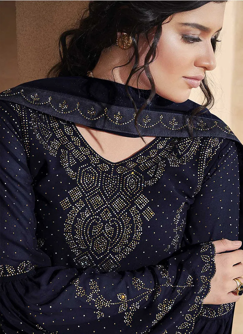 Navy Blue All Over Crystal Embroidered Palazzo Suit