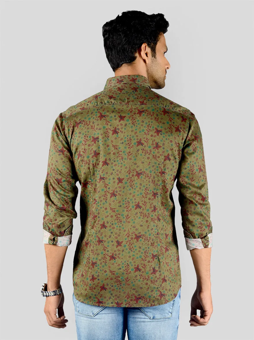 Olive Green Printed Slim Fit Casual Shirt | JadeBlue