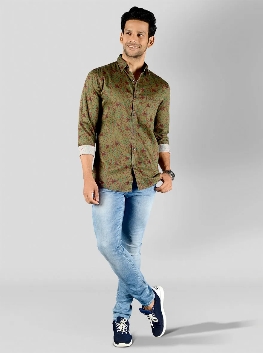 Olive Green Printed Slim Fit Casual Shirt | JadeBlue