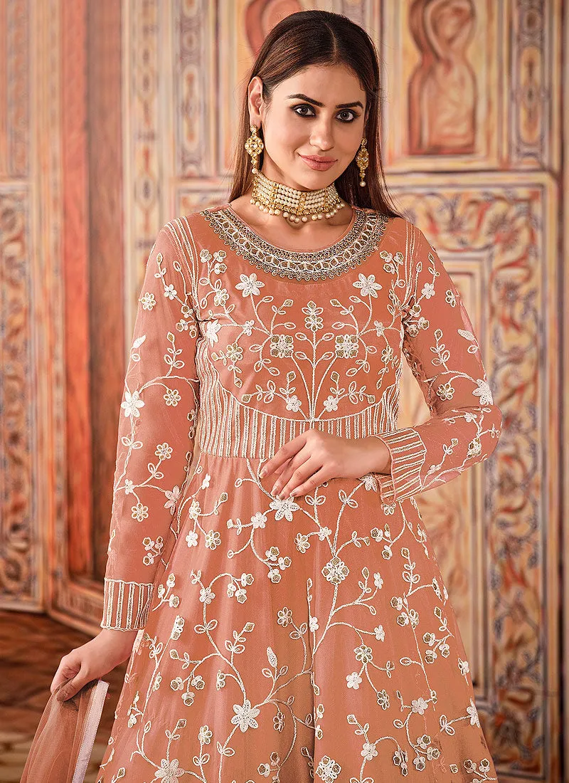 Pastel Orange Cording Embroidered Net Anarkali Suit