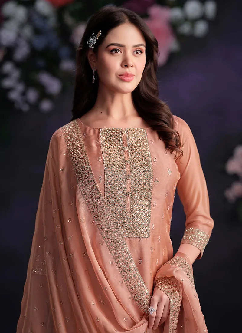 Peach Designer Embroidery Pakistani Pant Suit