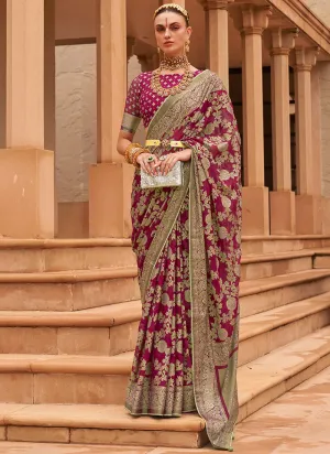 Pink Golden Crystal Stone Brasso Saree