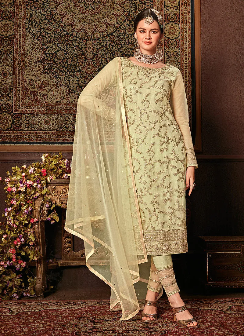 Pista Green Embroidered Pakistani Pants Suit