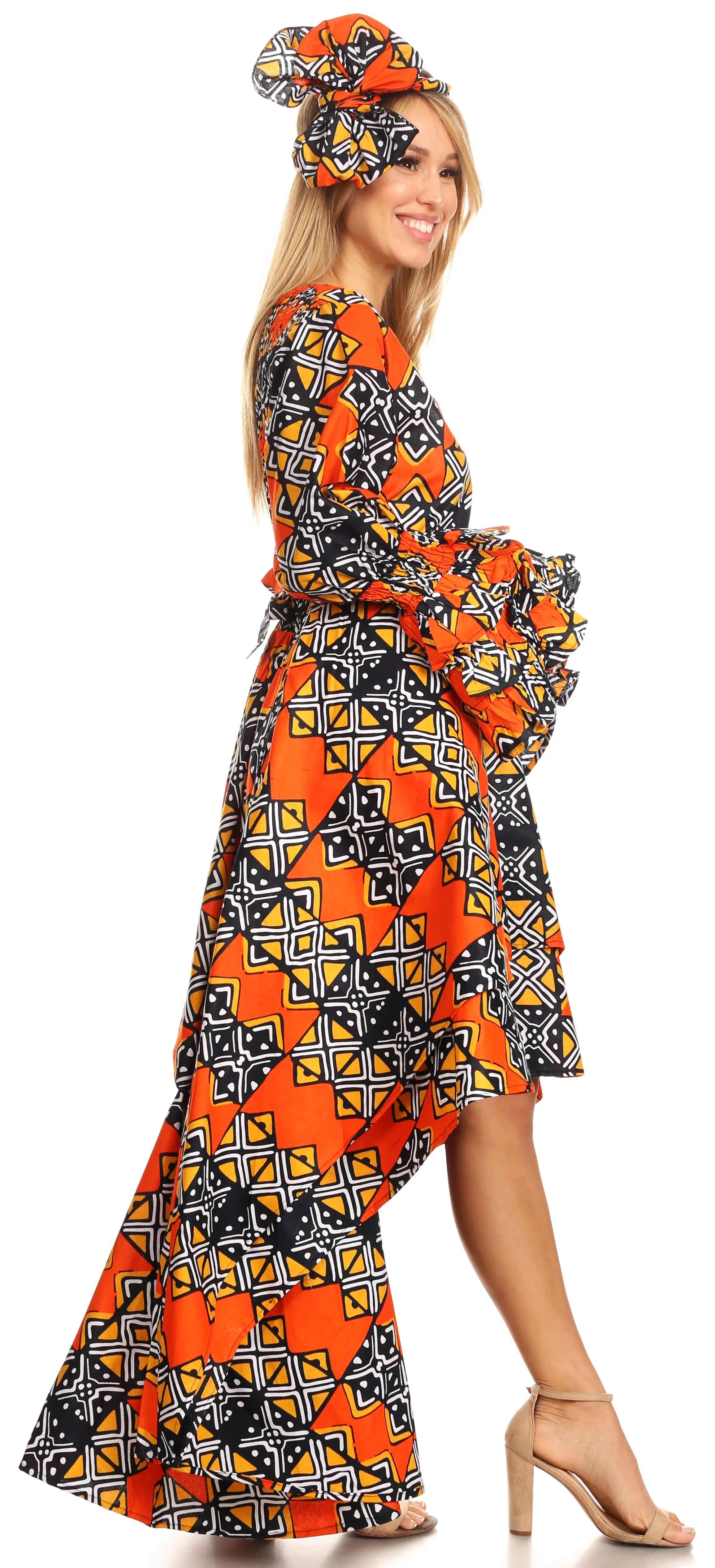 Sakkas Sofi Women's Long Sleeve High-low Dress African Ankara with Pockets Party