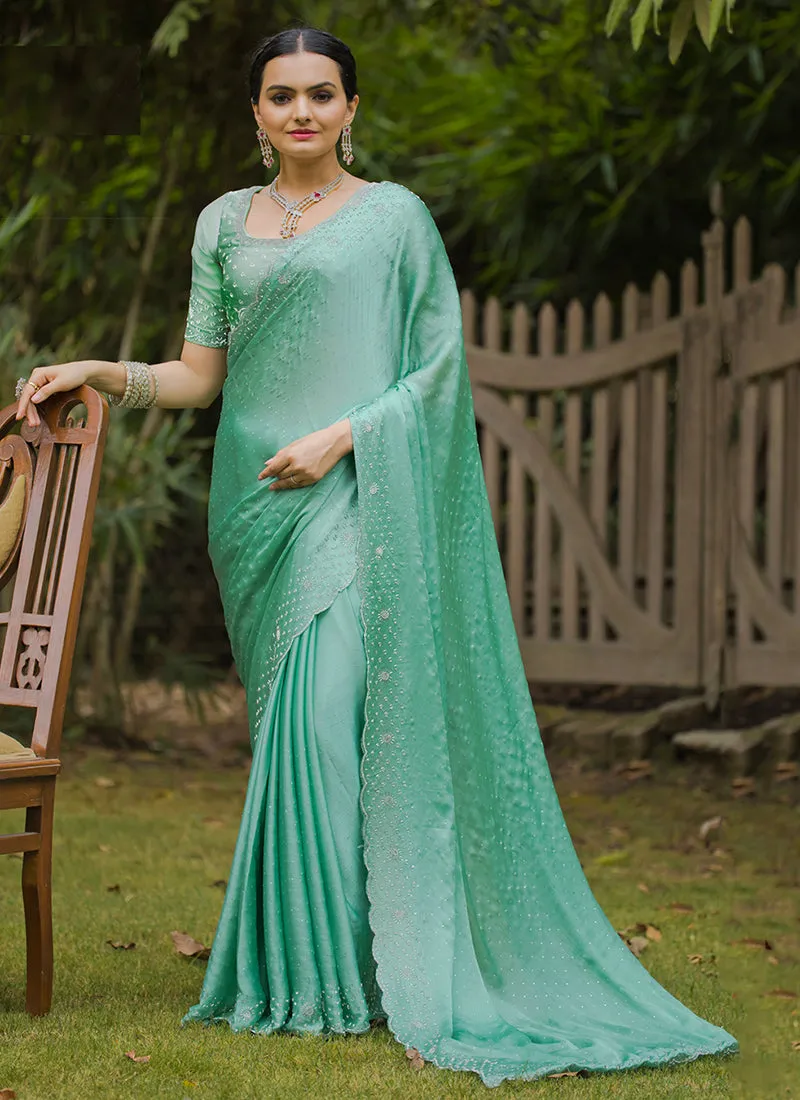 Turquoise Handwork Embroidery Wedding Saree