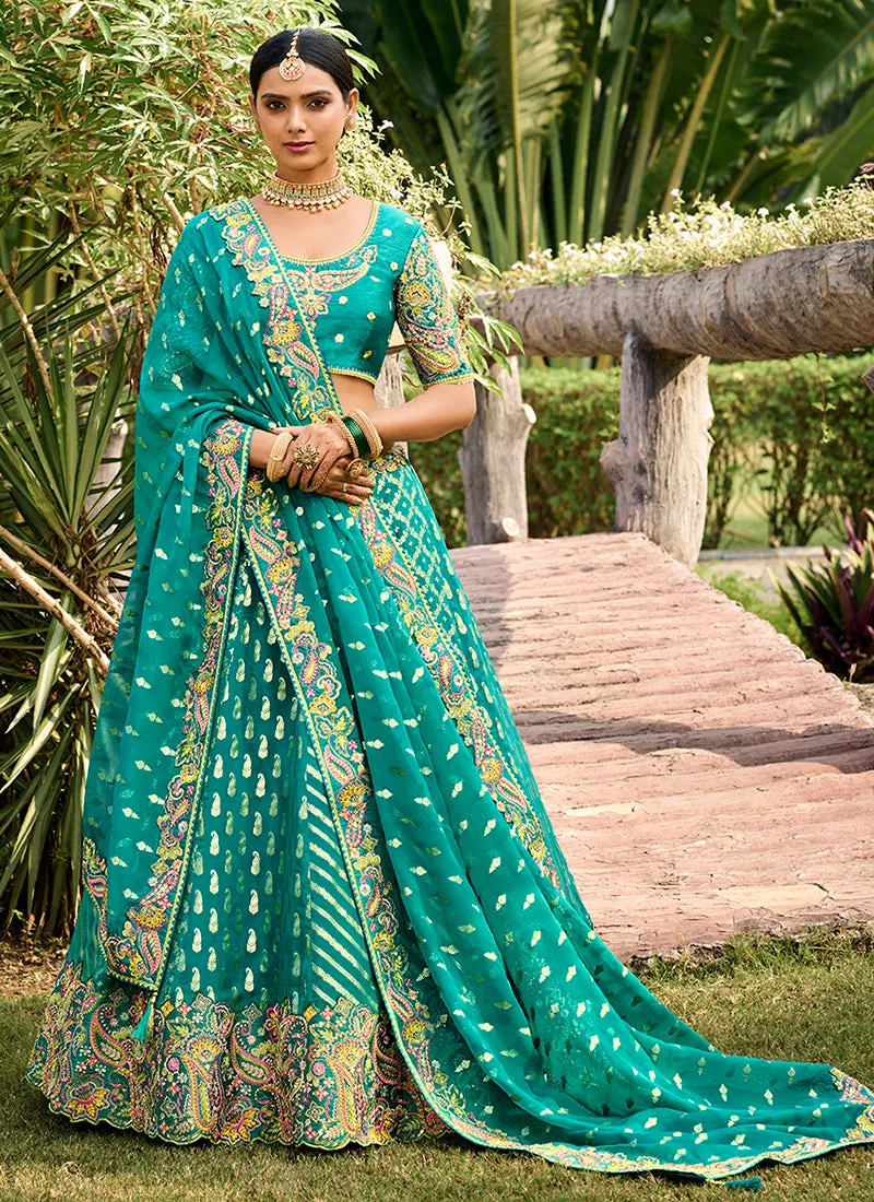 Turquoise Multi Embroidered Bridal Lehenga Choli