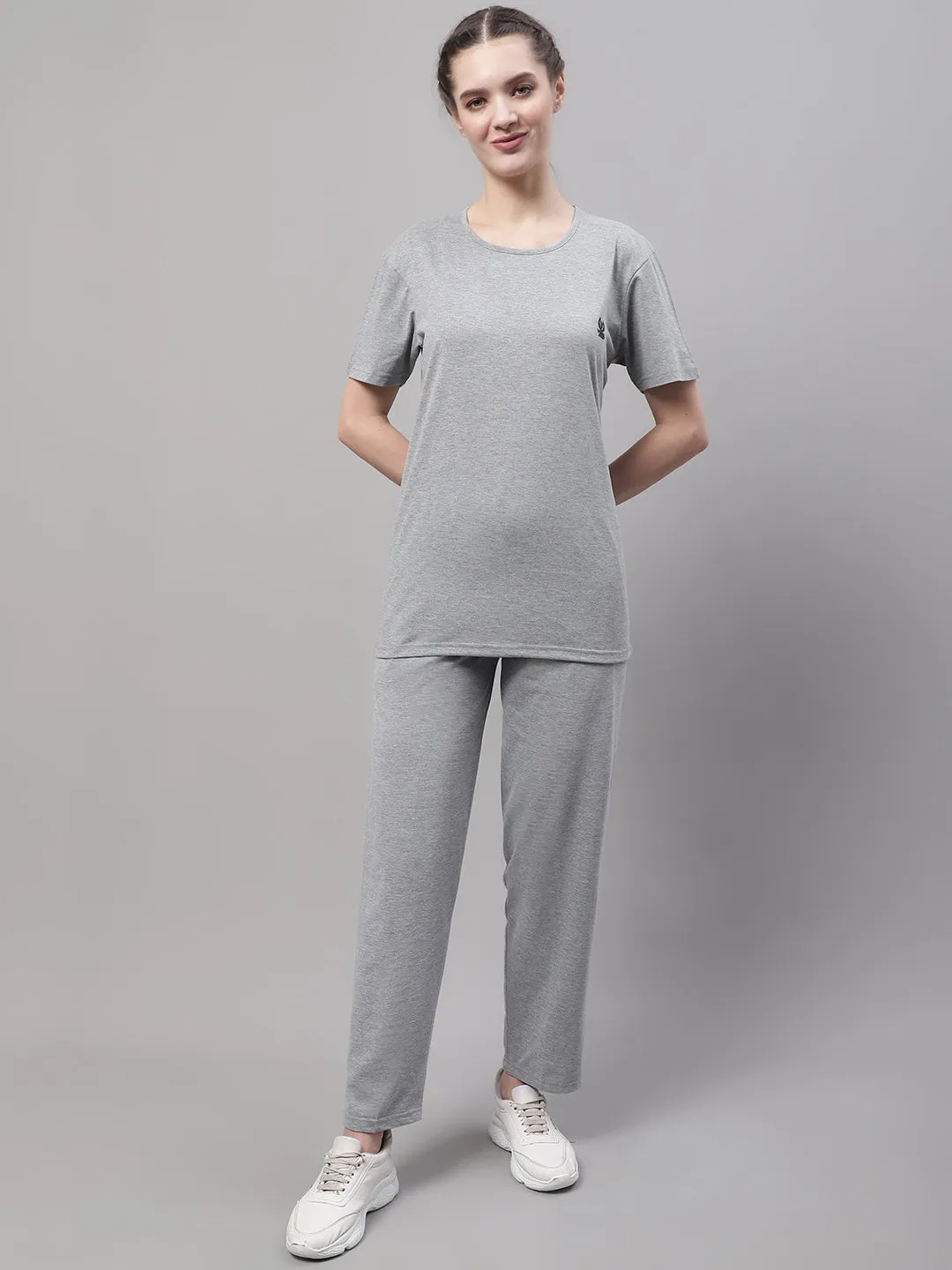 Vimal Jonney Grey Melange Cotton Solid Co-ord Set Tracksuit For Women