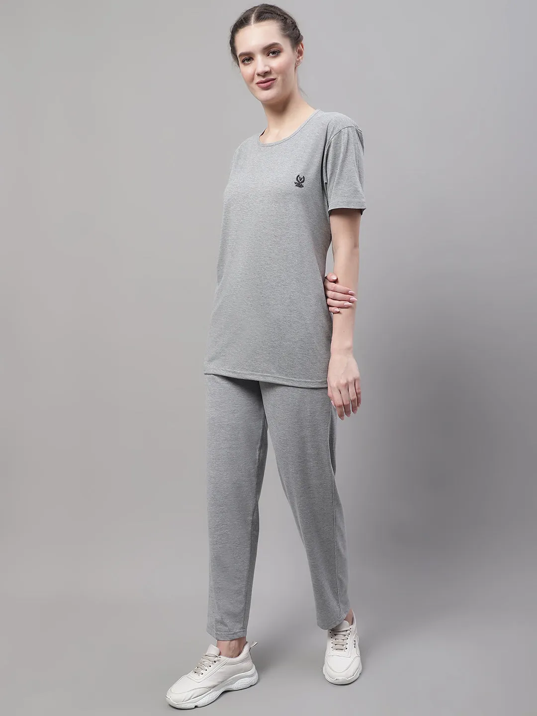 Vimal Jonney Grey Melange Cotton Solid Co-ord Set Tracksuit For Women