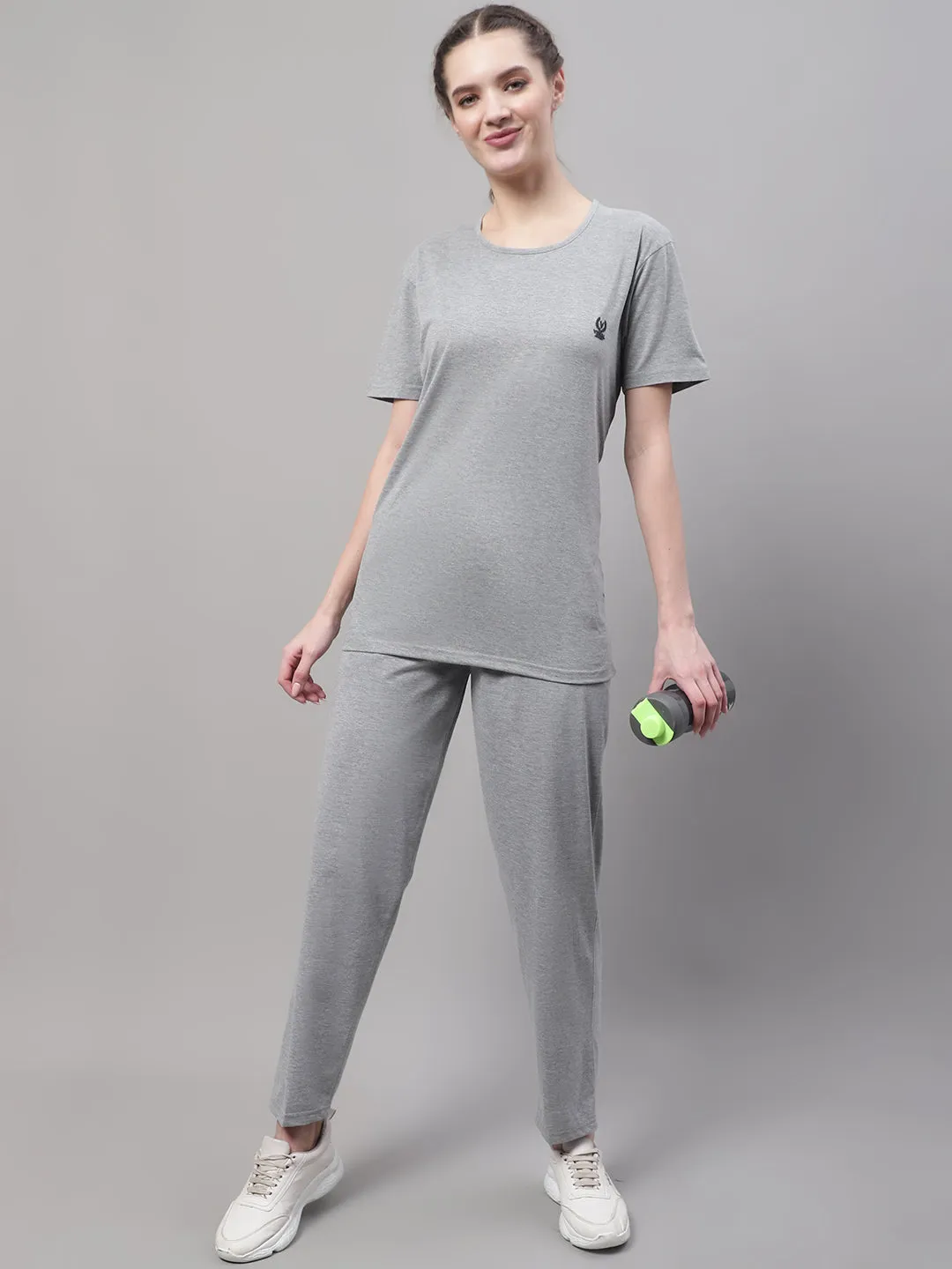 Vimal Jonney Grey Melange Cotton Solid Co-ord Set Tracksuit For Women