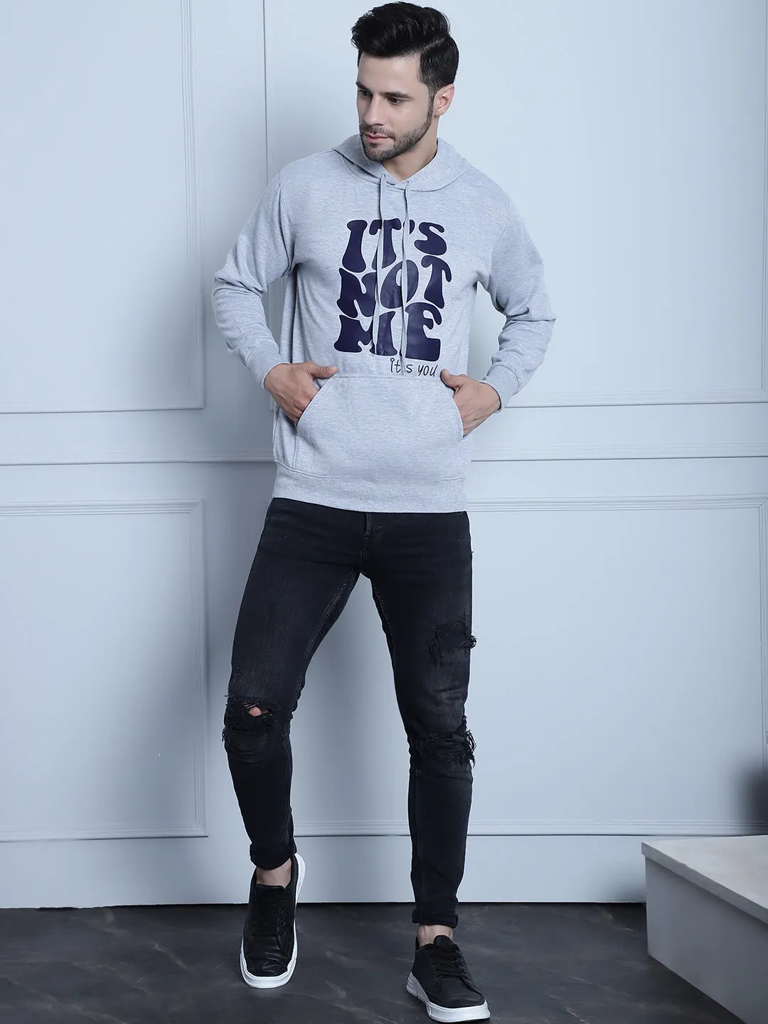 Vimal Jonney Grey Melange Printed Hooded Cotton Fleece Sweatshirt for Men