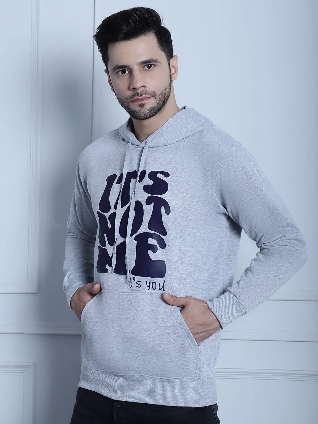 Vimal Jonney Grey Melange Printed Hooded Cotton Fleece Sweatshirt for Men