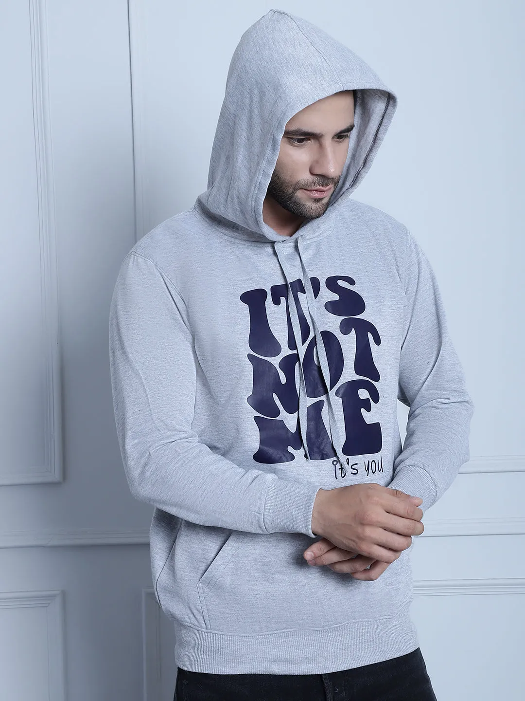 Vimal Jonney Grey Melange Printed Hooded Cotton Fleece Sweatshirt for Men