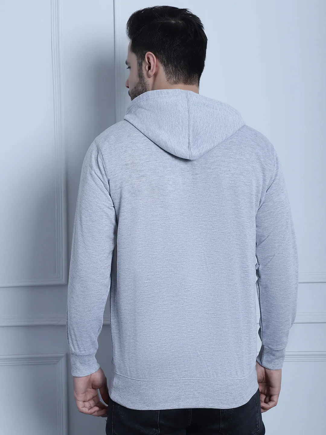 Vimal Jonney Grey Melange Printed Hooded Cotton Fleece Sweatshirt for Men