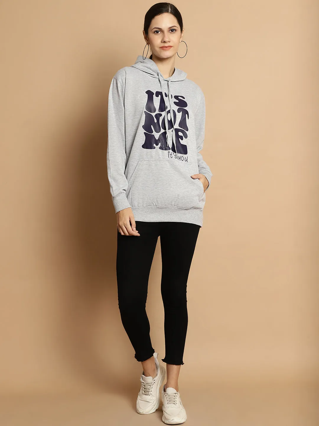 Vimal Jonney Grey Melange Printed Hooded Cotton Fleece Sweatshirt for Women