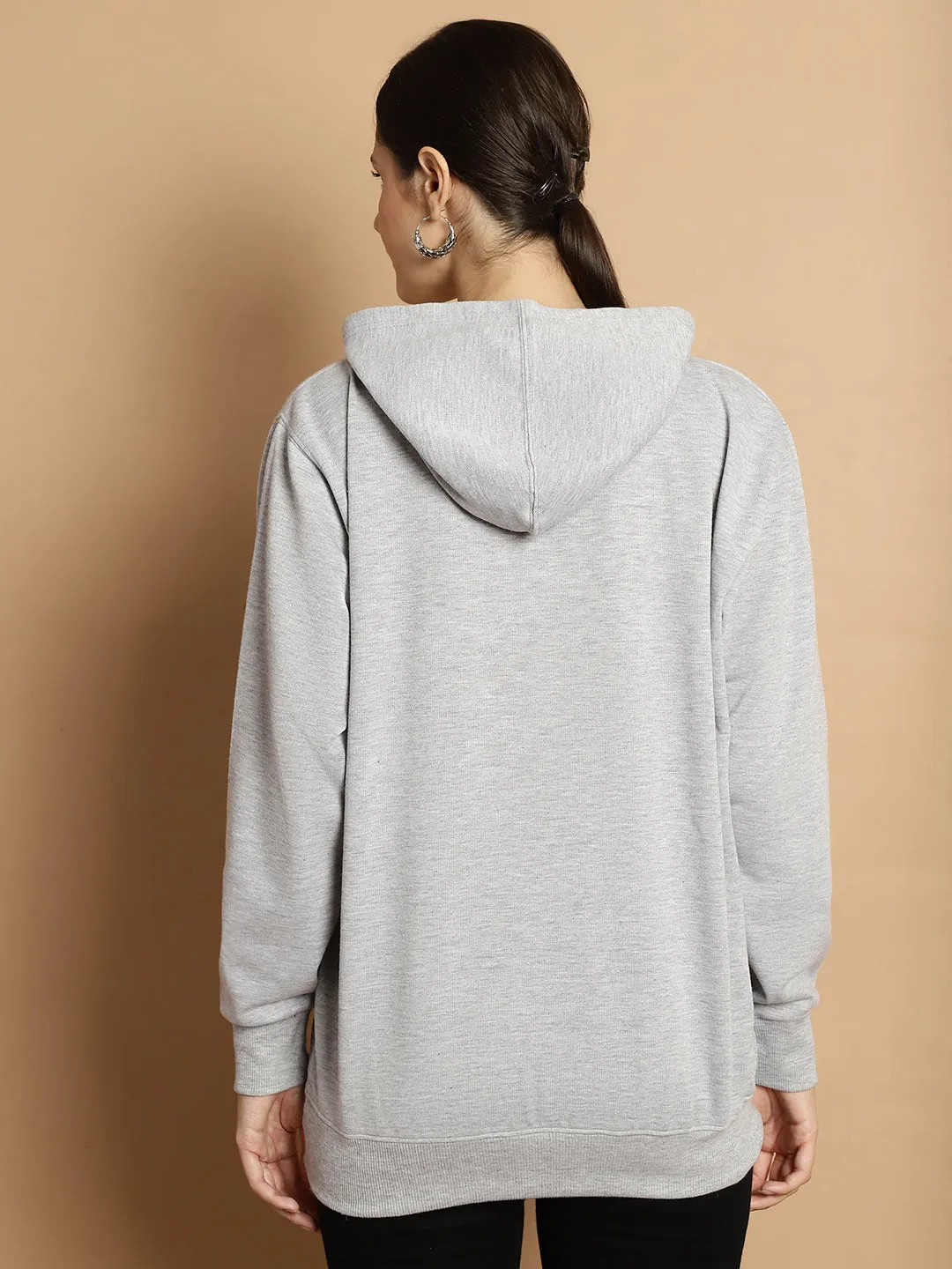 Vimal Jonney Grey Melange Printed Hooded Cotton Fleece Sweatshirt for Women