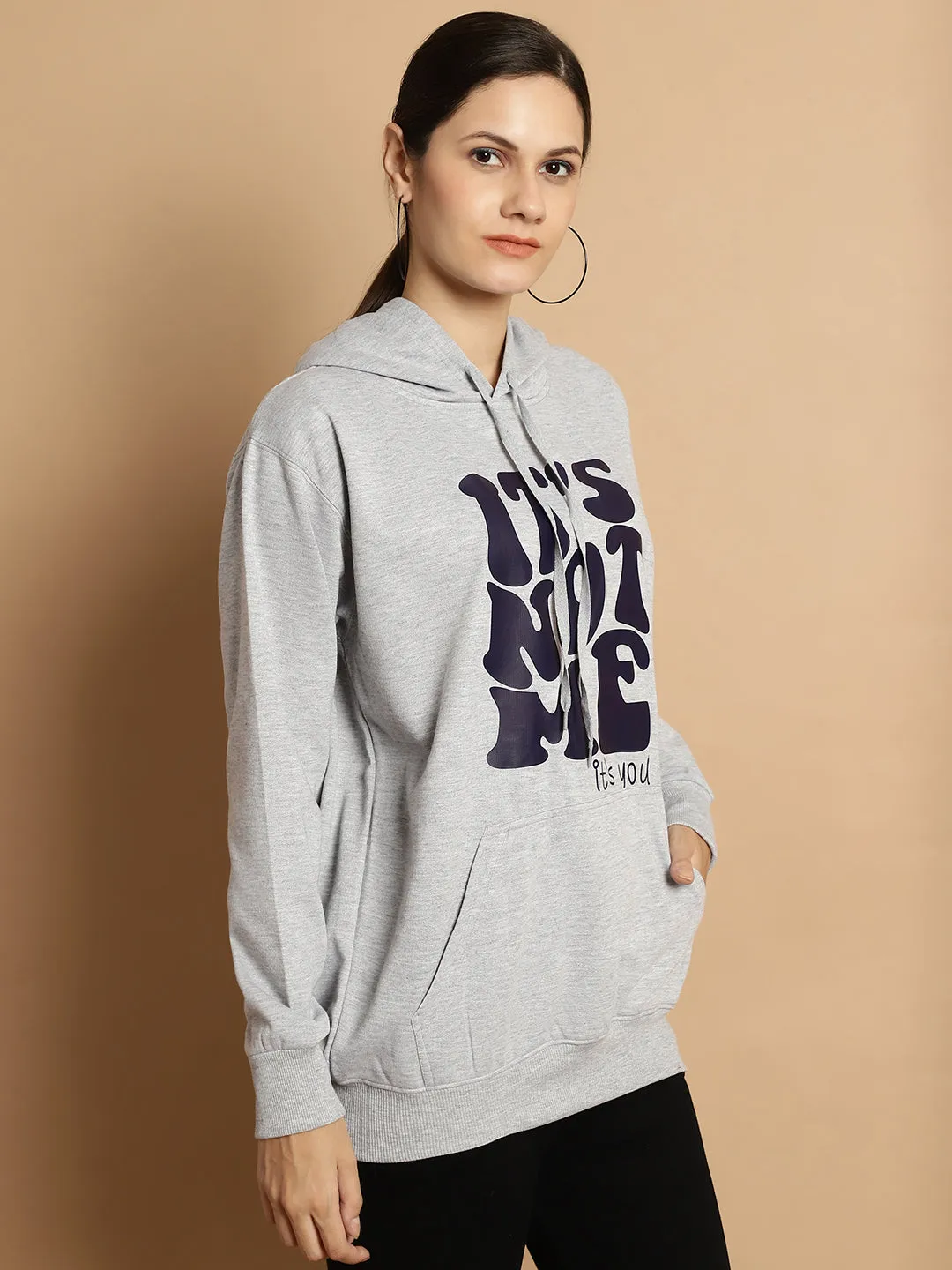 Vimal Jonney Grey Melange Printed Hooded Cotton Fleece Sweatshirt for Women