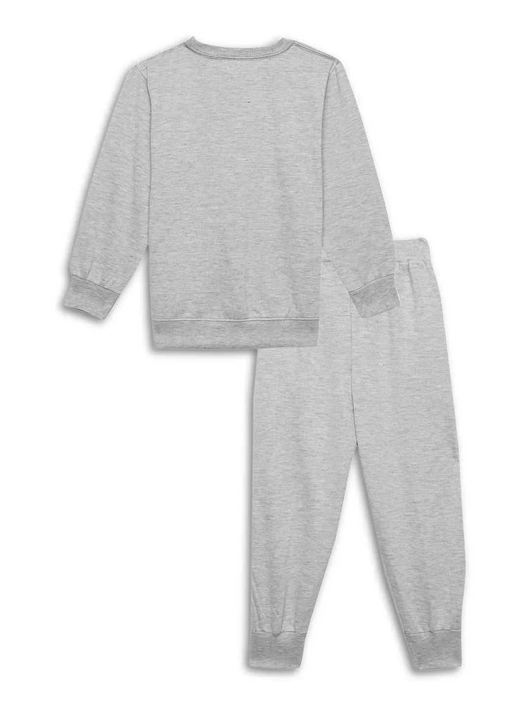 Vimal Jonney Grey Melange Printed Round Neck Cotton Fleece Tracksuit Co-ord Set for Kids