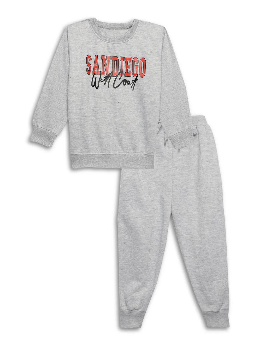 Vimal Jonney Grey Melange Printed Round Neck Cotton Fleece Tracksuit Co-ord Set for Kids