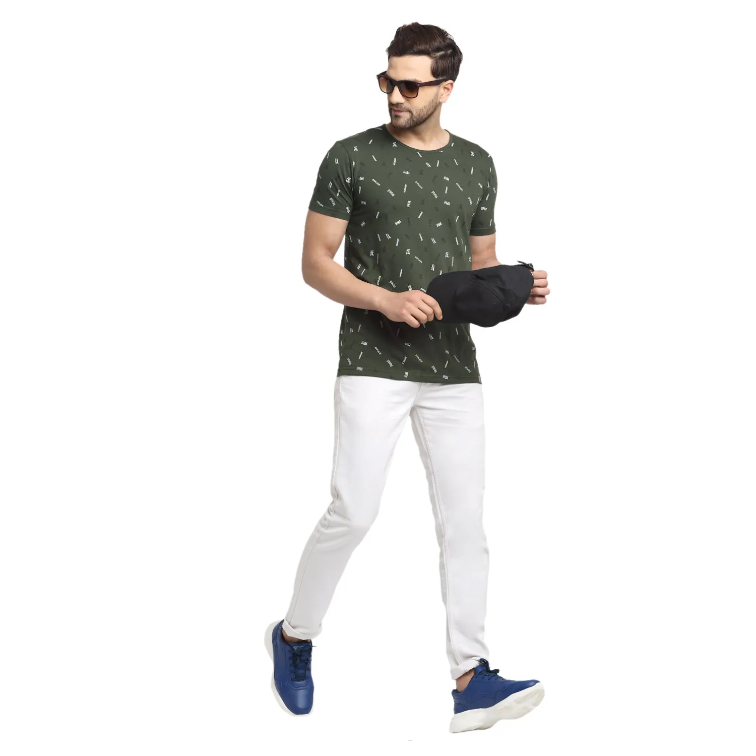 VIMAL JONNEY Men's Olive Printed Round Neck Tshirt