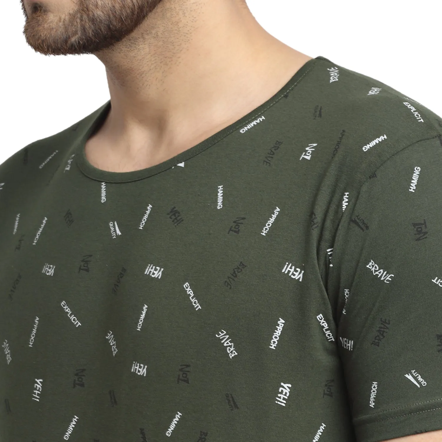 VIMAL JONNEY Men's Olive Printed Round Neck Tshirt