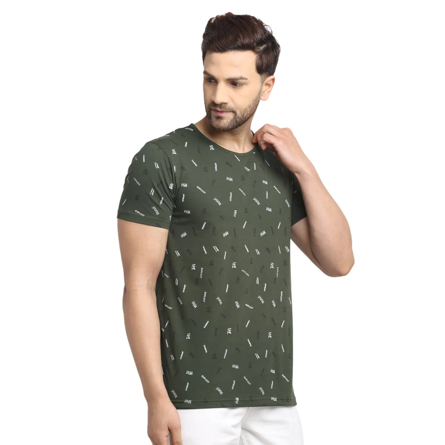 VIMAL JONNEY Men's Olive Printed Round Neck Tshirt