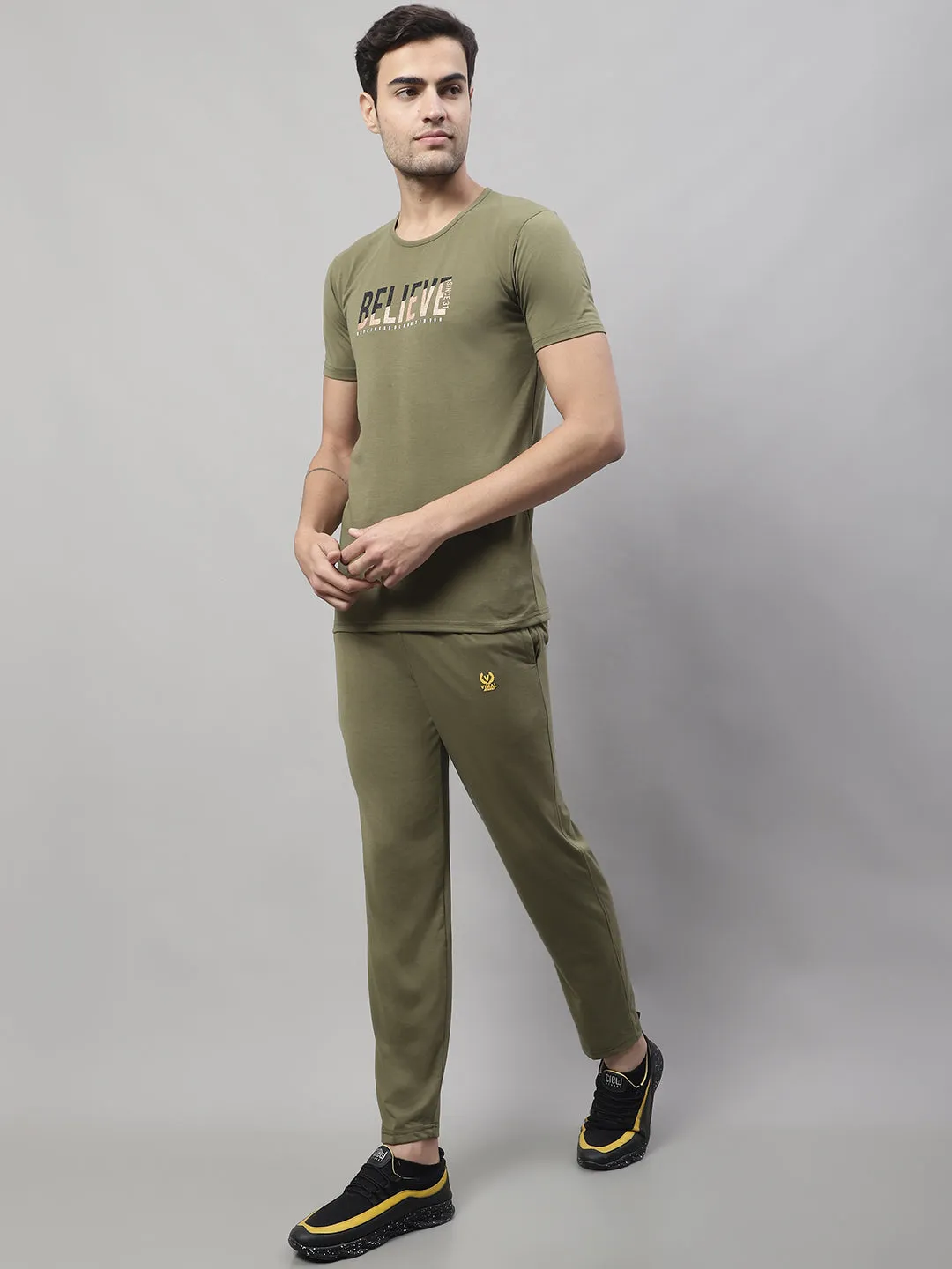 Vimal Jonney Olive Cotton Printed Co-ord Set Tracksuit For Men(Zip On 1 Side Pocket)