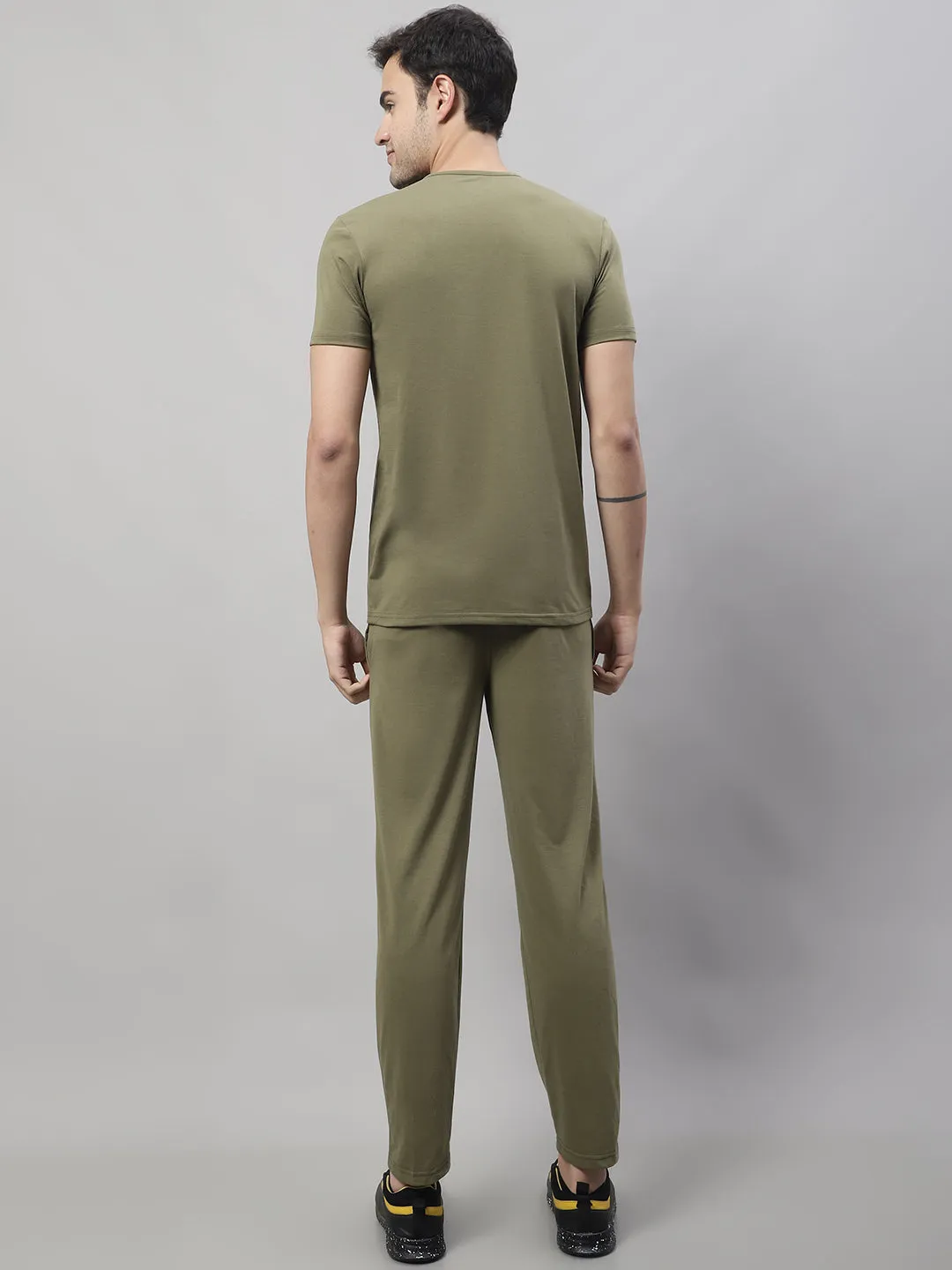 Vimal Jonney Olive Cotton Solid Co-ord Set Tracksuit For Men(Zip On 1 Side Pocket)