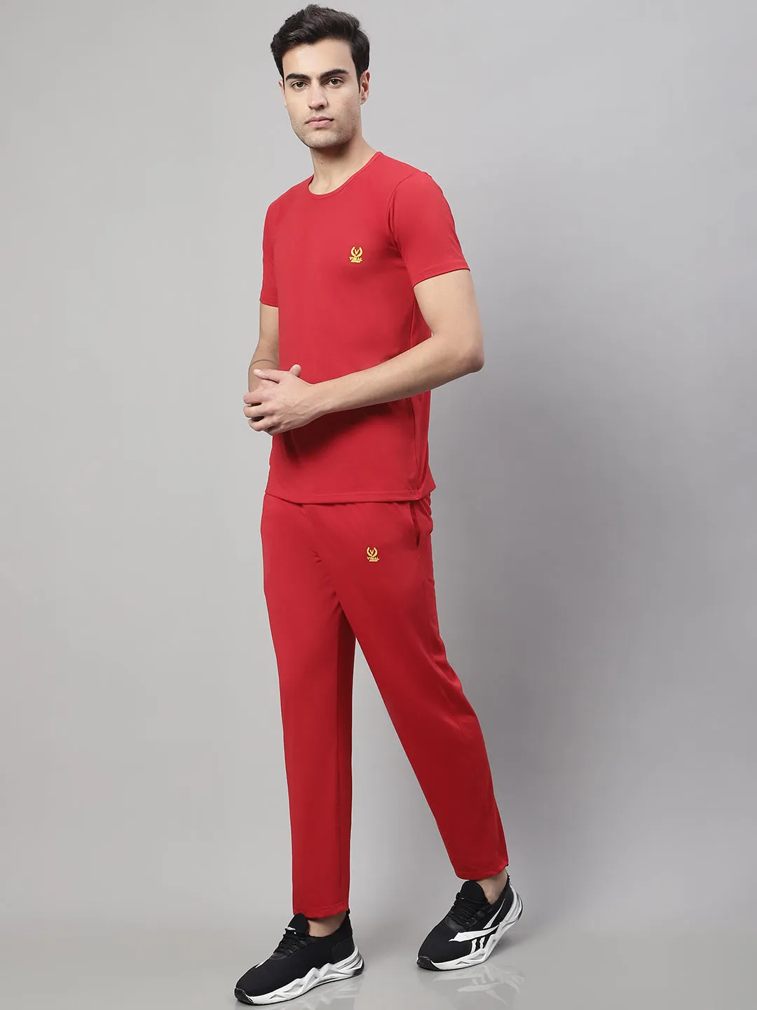 Vimal Jonney Red Cotton Solid Co-ord Set Tracksuit For Men(Zip On 1 Side Pocket)