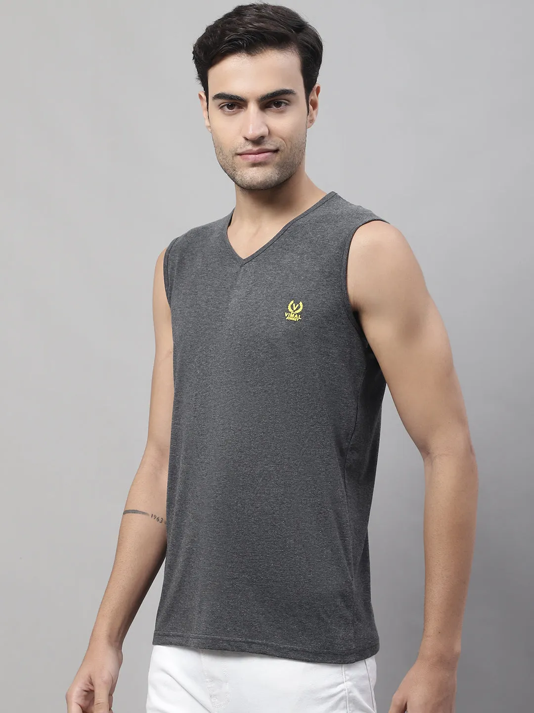 Vimal Jonney Regular Fit Cotton Solid Anthracite Gym Vest for Men