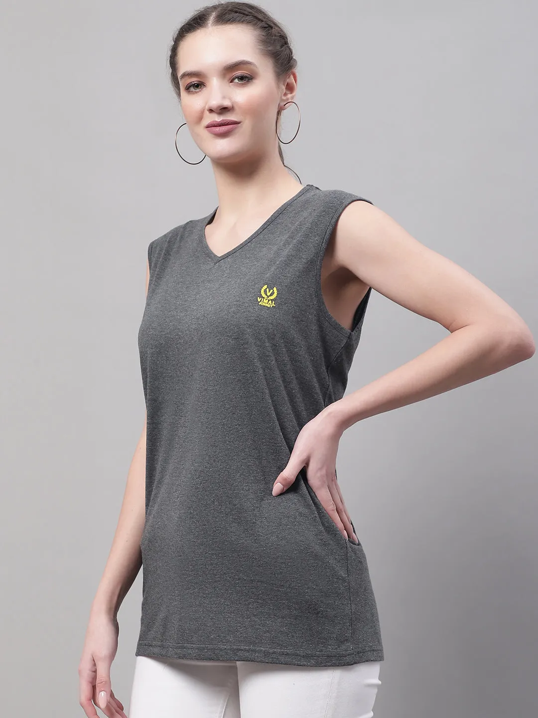 Vimal Jonney Regular Fit Cotton Solid Anthracite Gym Vest for Women