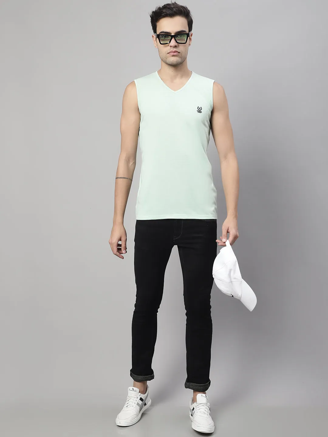 Vimal Jonney Regular Fit Cotton Solid Light Green Gym Vest for Men