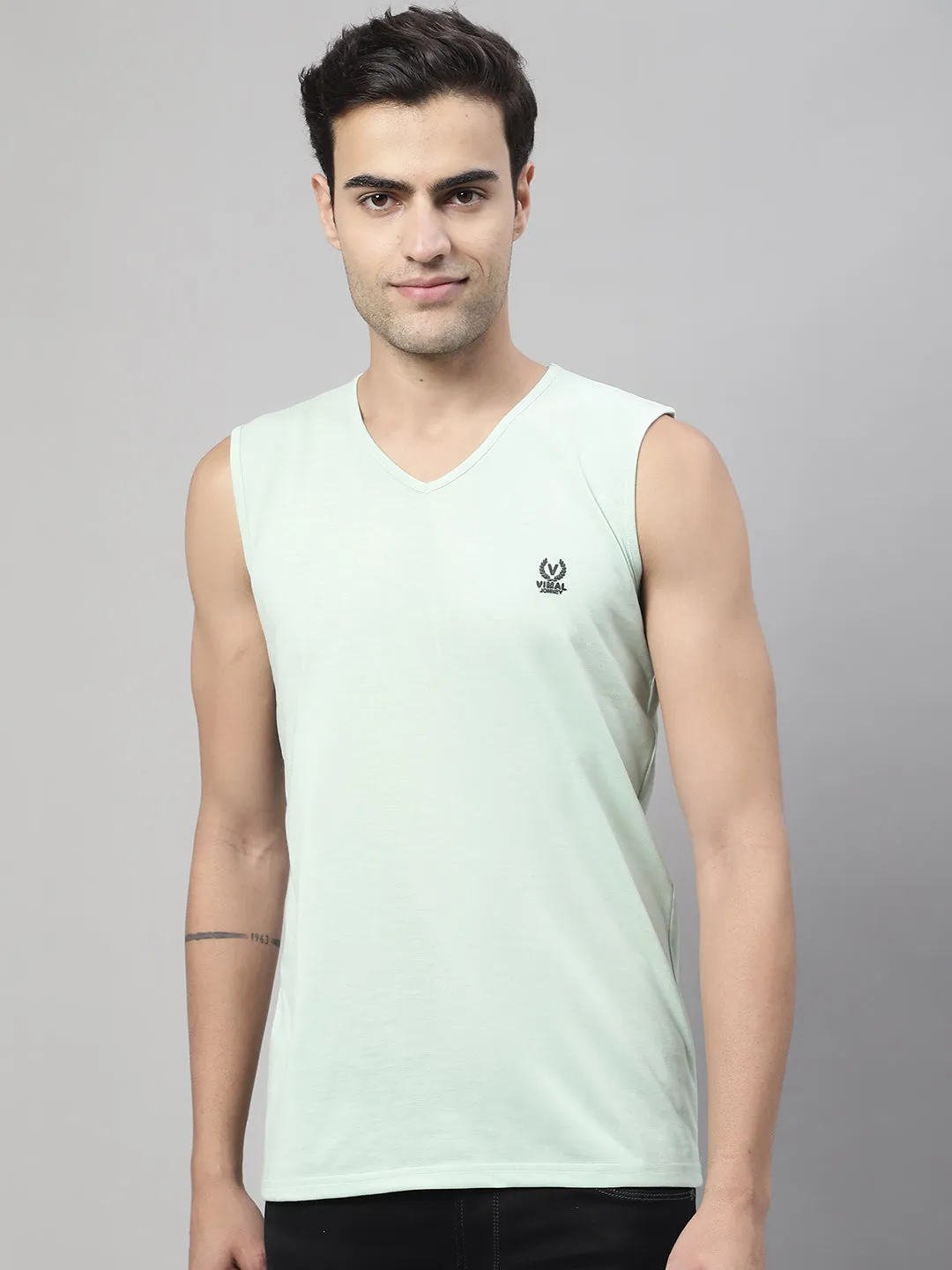 Vimal Jonney Regular Fit Cotton Solid Light Green Gym Vest for Men