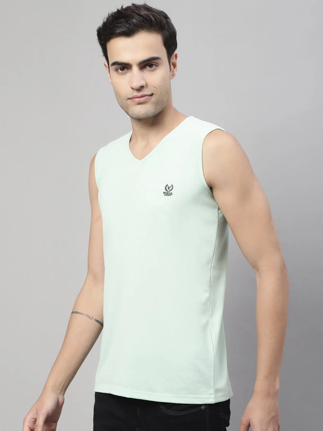 Vimal Jonney Regular Fit Cotton Solid Light Green Gym Vest for Men