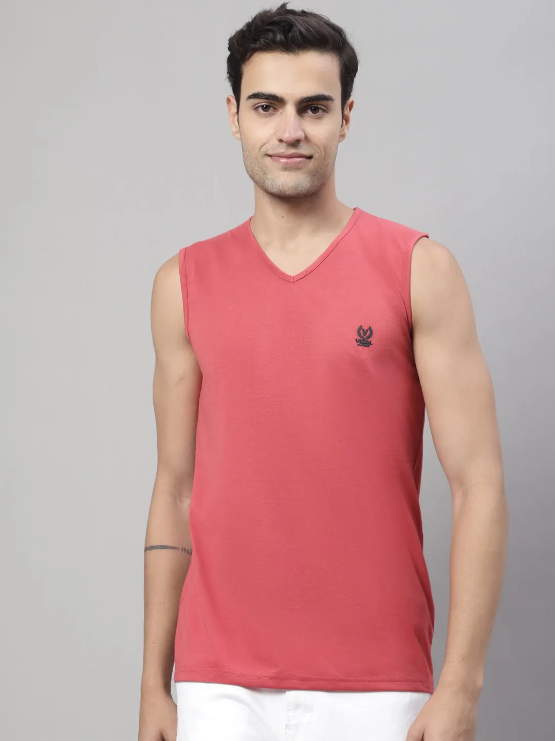 Vimal Jonney Regular Fit Cotton Solid Pink Gym Vest for Men