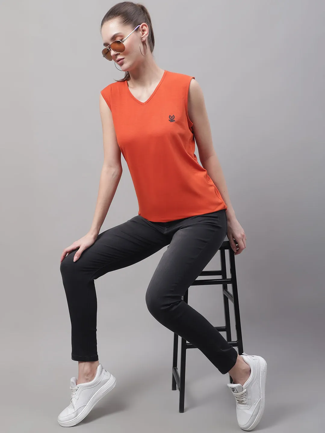 Vimal Jonney Regular Fit Cotton Solid Rust Gym Vest for Women