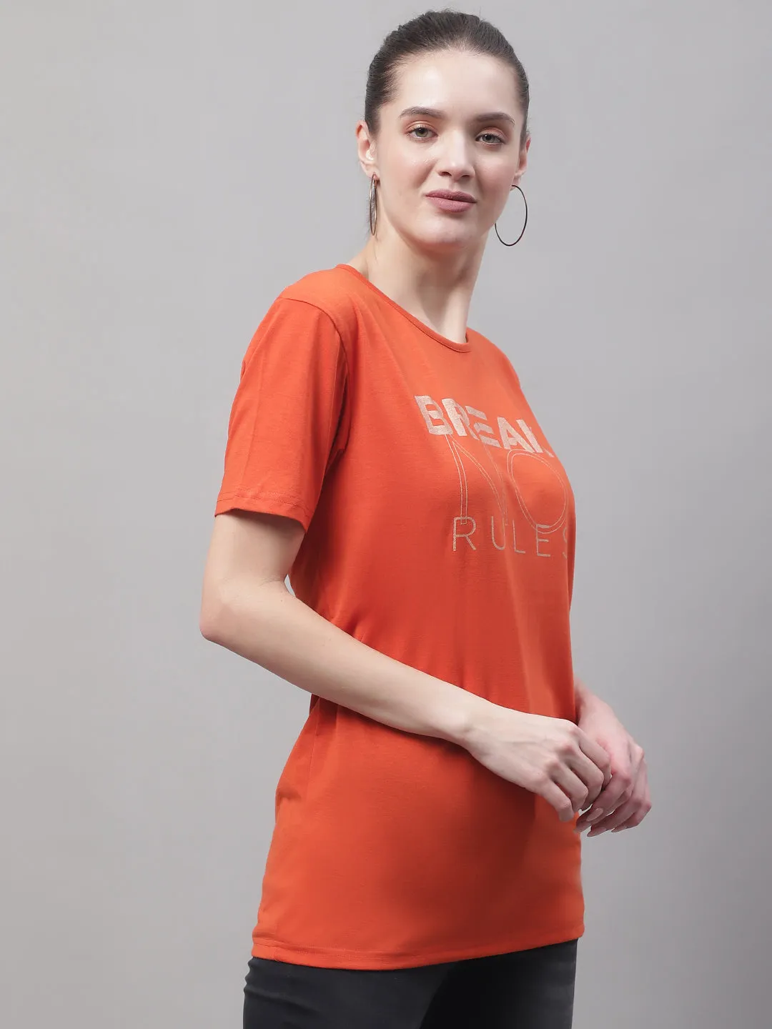 Vimal Jonney Round Neck Cotton Printed Rust T-Shirt for Women