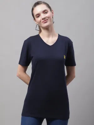 Vimal Jonney V Neck Cotton Solid Navy Blue T-Shirt for Women