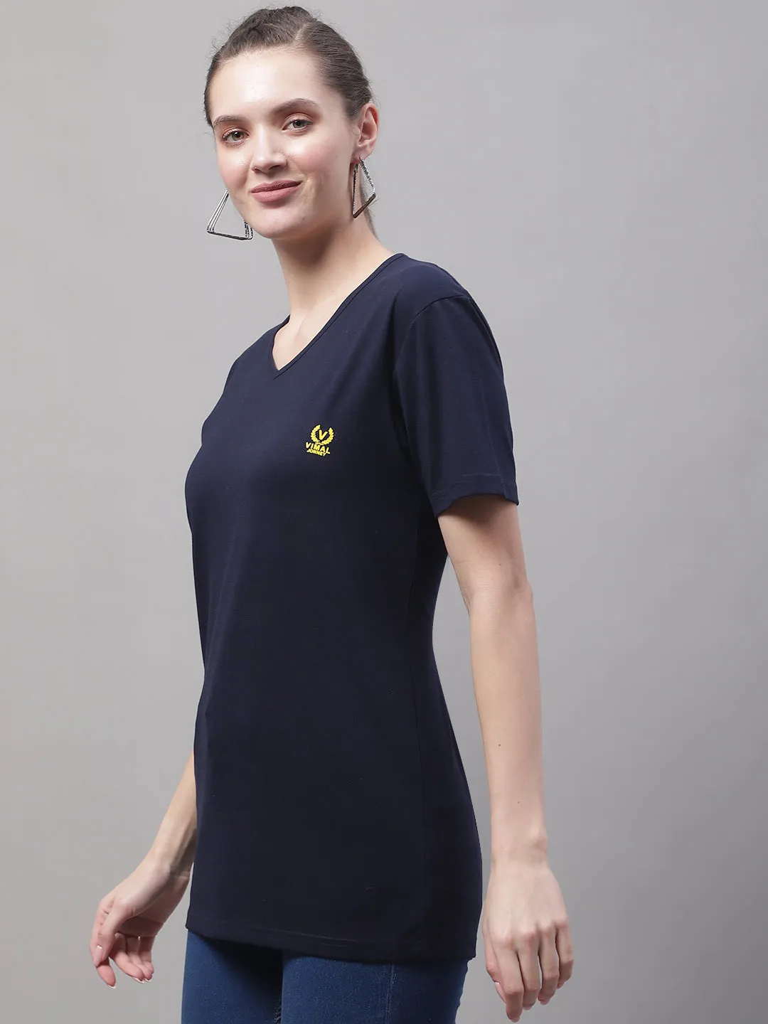 Vimal Jonney V Neck Cotton Solid Navy Blue T-Shirt for Women