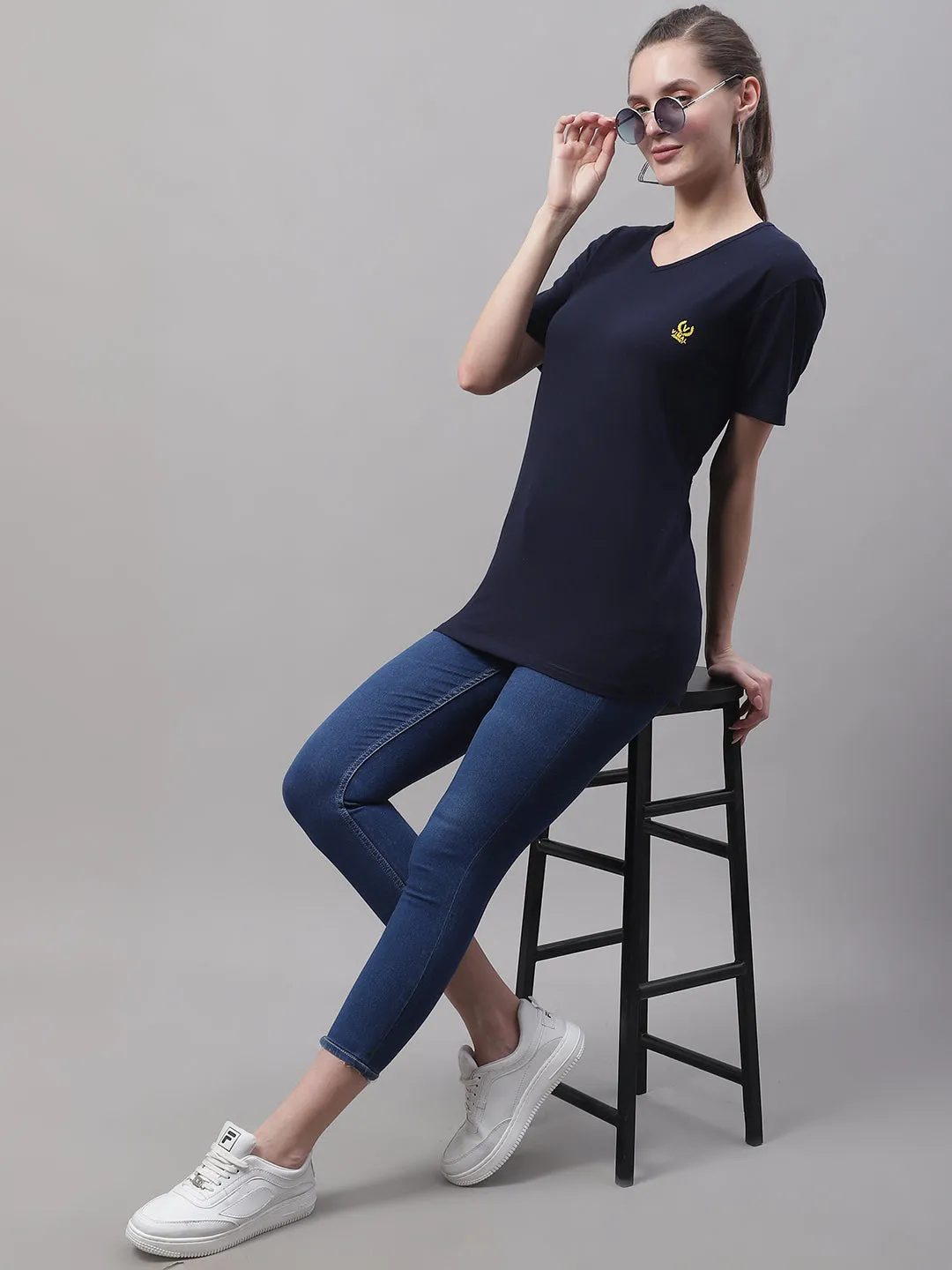 Vimal Jonney V Neck Cotton Solid Navy Blue T-Shirt for Women