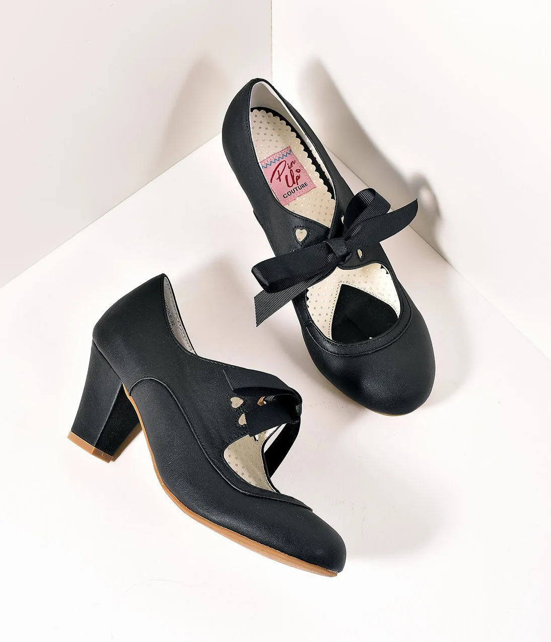 Vintage Style Black Leatherette Mary Jane Bow Wiggle Heels