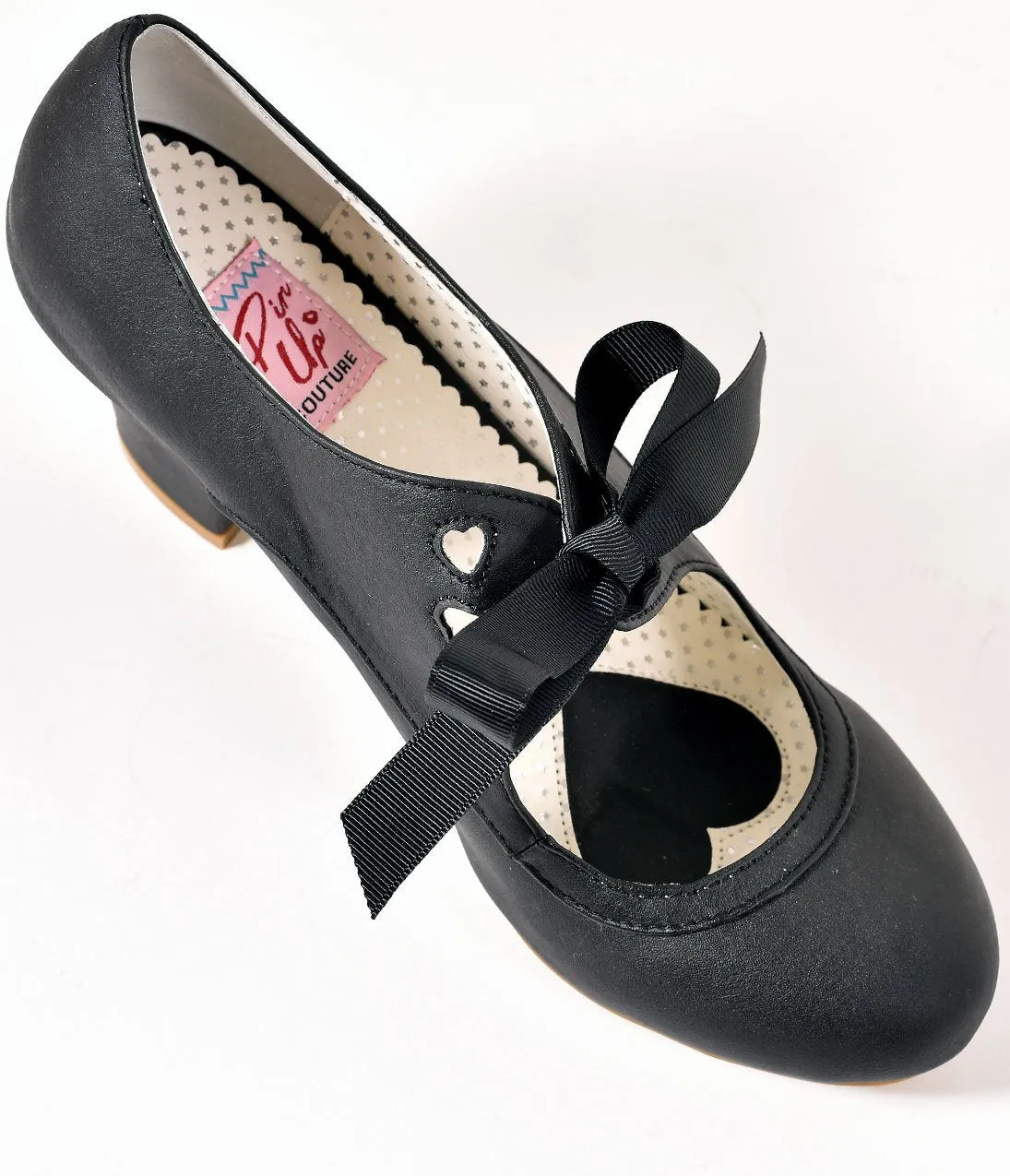 Vintage Style Black Leatherette Mary Jane Bow Wiggle Heels