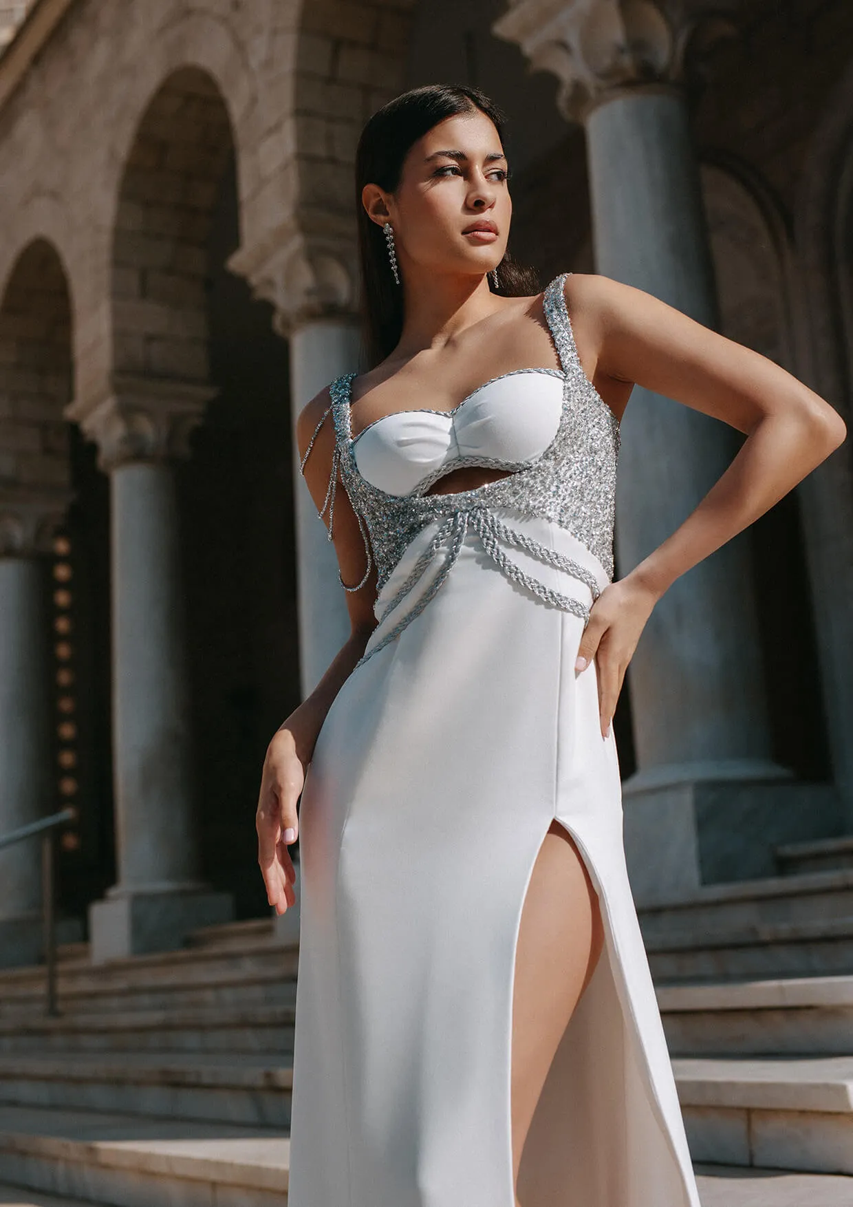 White Crystal Embellished Crepe Maxi Dress