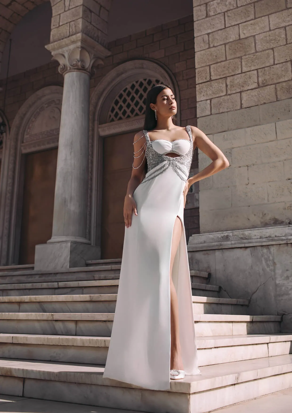 White Crystal Embellished Crepe Maxi Dress