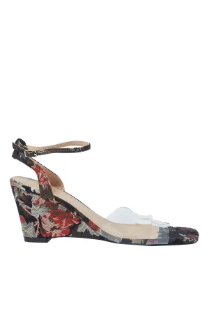 Women Black Floral Print Wedge Sandal