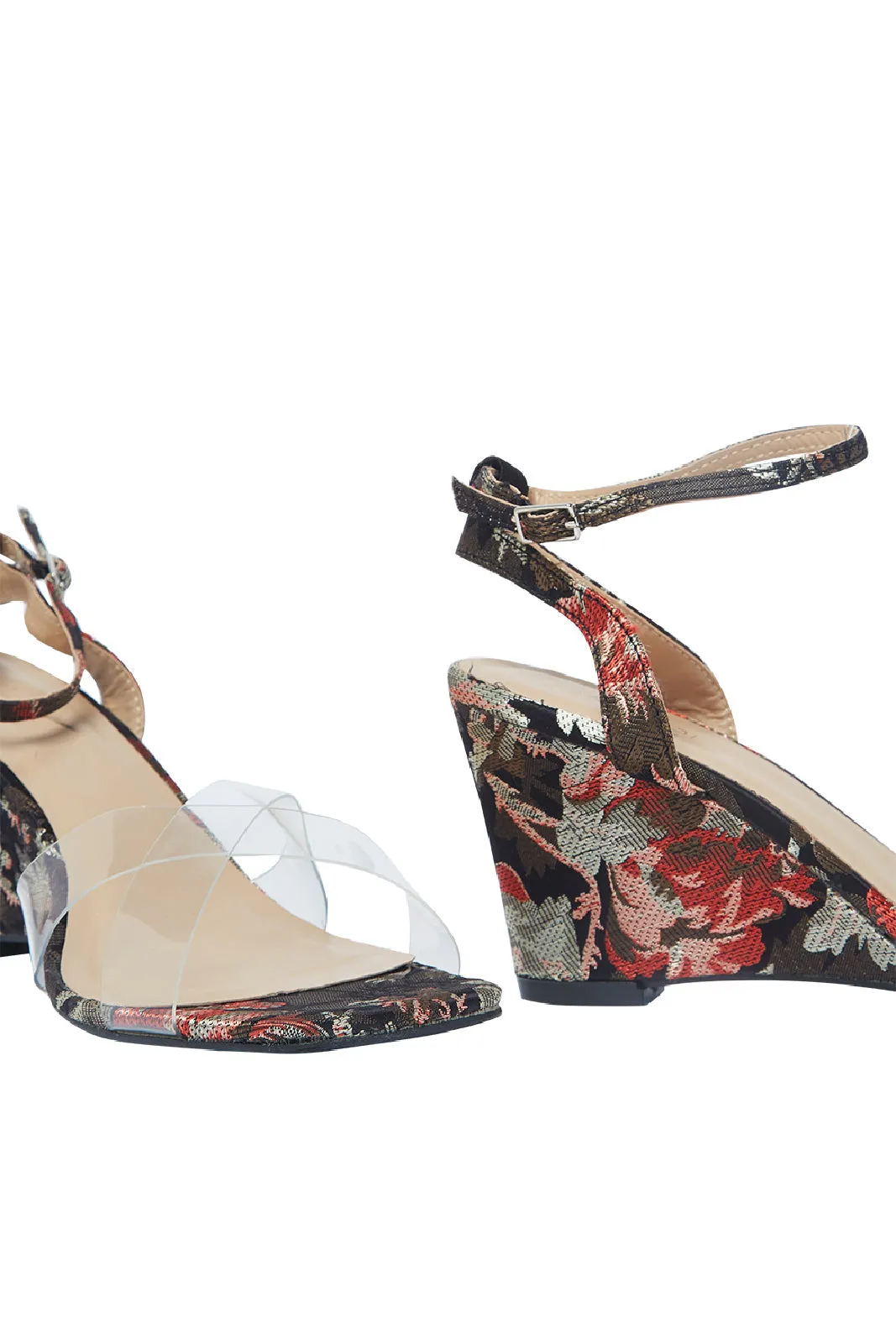 Women Black Floral Print Wedge Sandal