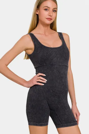 Zenana Washed Ribbed Romper with Pad